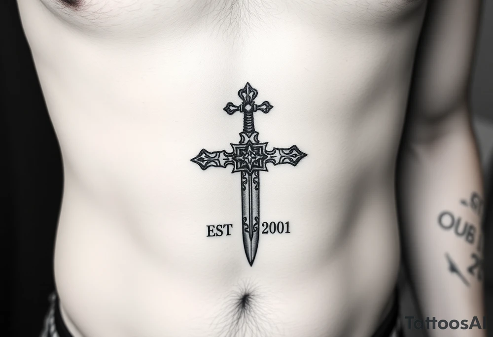 Russian inspired cross looking sword under nipple line with “EST 2001” below the sword under belly button tattoo idea
