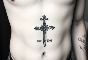 Russian inspired cross looking sword under nipple line with “EST 2001” below the sword under belly button tattoo idea