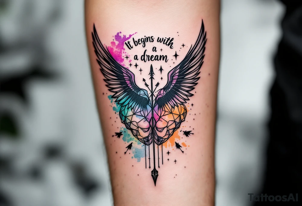 Tattoo inspired in the gifted brain in geometric and straight lines, with few watercolor details but mostly black, symbols representing intelligence, creativity and dreaming flying arround, the phrase "It begins with a dream", raven wings behind, and an arrow crossing from above, and watercolors leaking of it tattoo idea