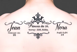Meaning of names Jean God is gracious born on February 26, Sara Princess born on January 28, Nora honor and light born on August 14 tattoo idea