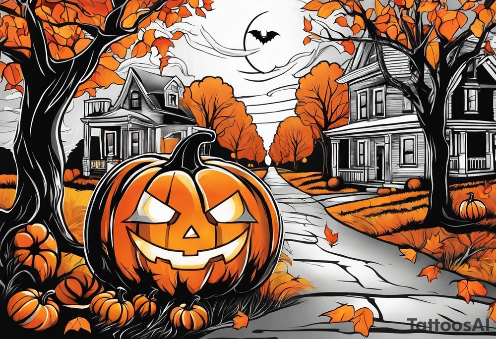 Midwestern street in fall with Halloween pumpkin tattoo idea Midwestern street in fall with Halloween pumpkin tattoo idea