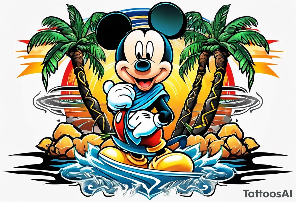 mickey mouse in a lightning storm with palm trees and the celtic symbol for family tattoo idea