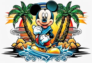 mickey mouse in a lightning storm with palm trees and the celtic symbol for family tattoo idea