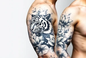 fierce tiger emerging through blooming lotus flowers in mist tattoo idea