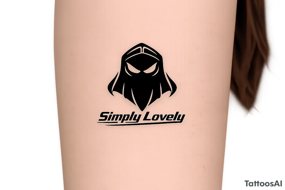 Create a 5 × 5 cm black ink tattoo combining the Koenigsegg Ghost logo, inspired by the Swedish flying squadron tribute, with the phrase **“Simply Lovely”** written underneath.

Make the ghost logo sharp, bold, and slightly aggressive, with a sleek hypercar and Formula 1 racing aesthetic. Use thick black outlines, clean geometric details, and a compact vertical composition. Below the ghost, add “Simply Lovely” in a bold italic racing font, similar to a motorsport team slogan.

Minimalist but powerful. Black and white only. No background, no extra logos, no flags, no car illustration. Professional tattoo stencil, crisp lines, highly readable text, designed for a small 5 × 5 cm tattoo. tattoo idea