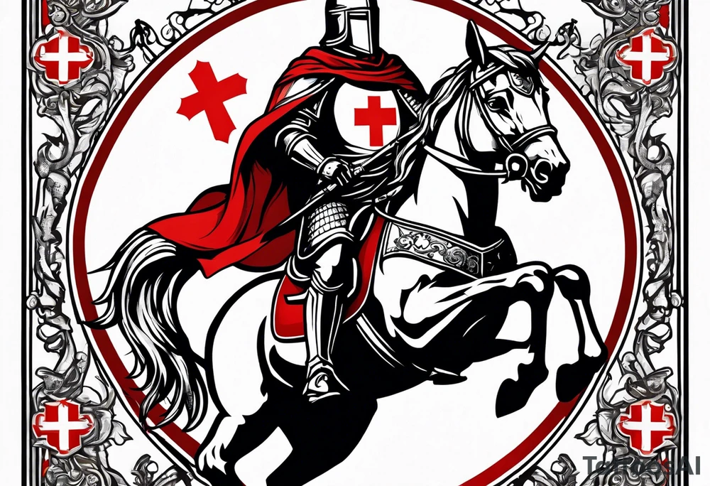 Templer knight on horse with sword and shield with red cross tattoo idea