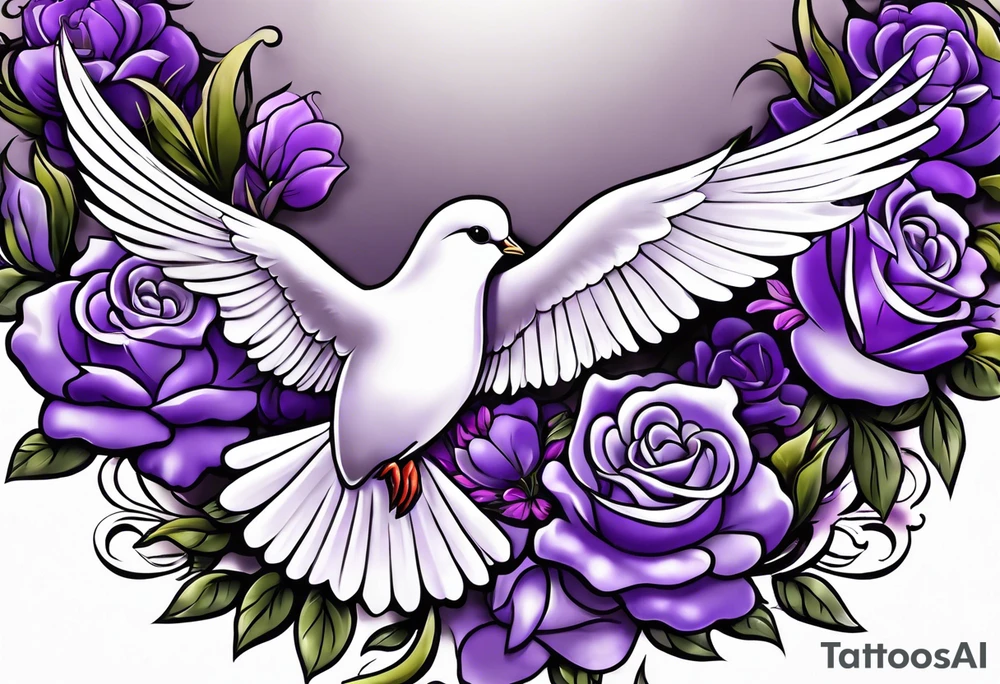 Purple flowers with a small realistic white dove coming from heaven to commemorate somebody that passed away. tattoo idea