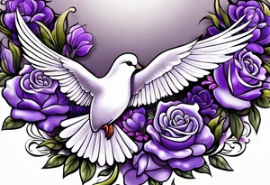 Purple flowers with a small realistic white dove coming from heaven to commemorate somebody that passed away. tattoo idea