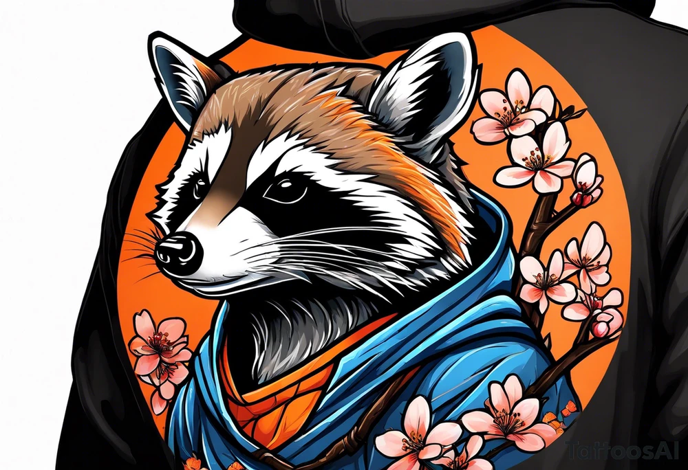 Raccoon wearing a white Superman logo on a black hoodie and orange Japanese cherry blossoms beside tattoo idea
