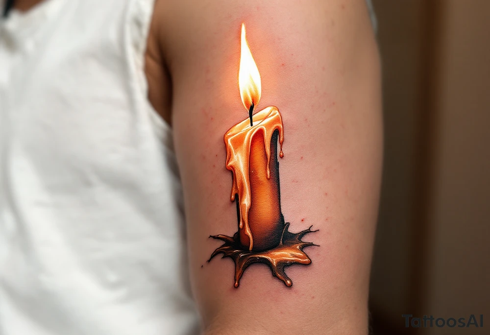 A 3D burning candle with melting wax, dripping down the skin in soft ivory and golden light, symbolizing love’s eternal flame. tattoo idea