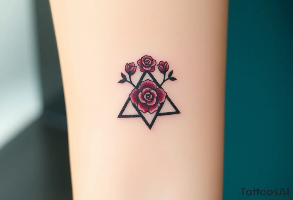 Triquetra with a flower crown going through it made out of tiny maroon and rose blush colored roses tattoo idea