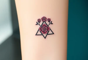 Triquetra with a flower crown going through it made out of tiny maroon and rose blush colored roses tattoo idea