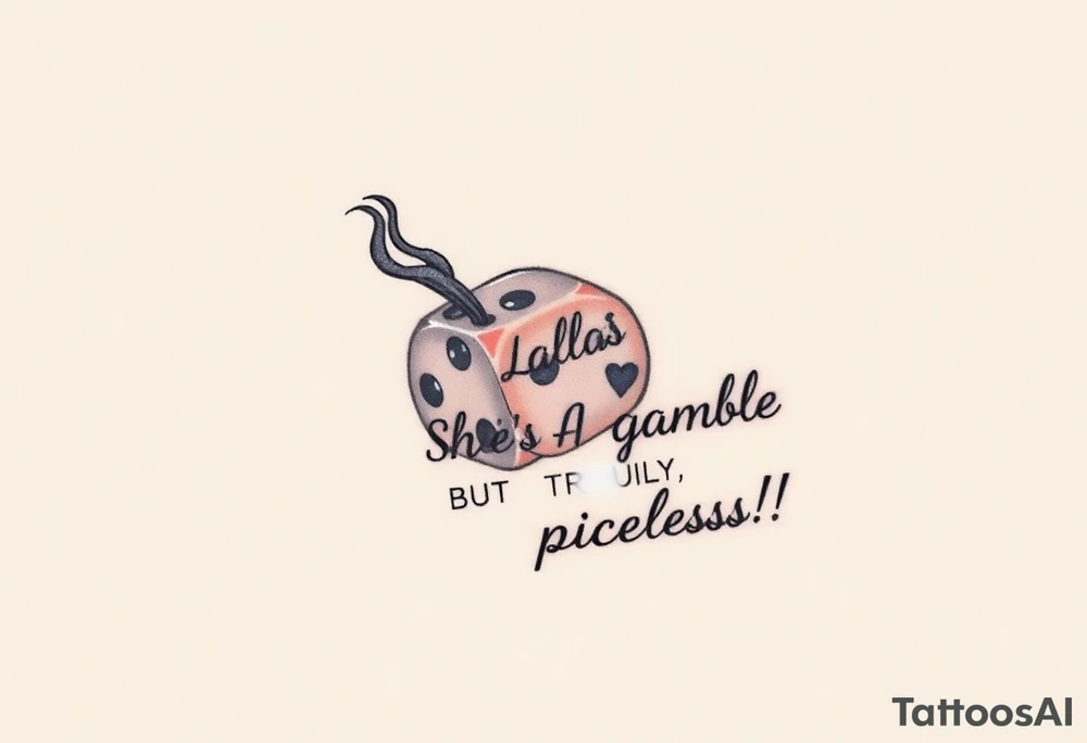 Smoking rolling dice with cursive writing "LALA SHE'S A Gamble BUT TRULY priceless!!! tattoo idea