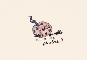 Smoking rolling dice with cursive writing "LALA SHE'S A Gamble BUT TRULY priceless!!! tattoo idea