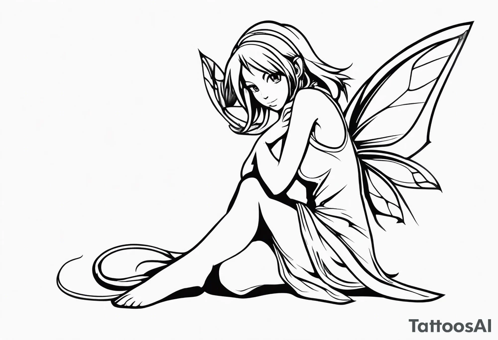 No color sketch of a fairy with a tail inspired by the guild symbol in the anime show called Fairy Tail in a fetal position leaning in and forward while crawled in hugging herself tattoo idea