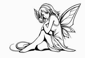 No color sketch of a fairy with a tail inspired by the guild symbol in the anime show called Fairy Tail in a fetal position leaning in and forward while crawled in hugging herself tattoo idea
