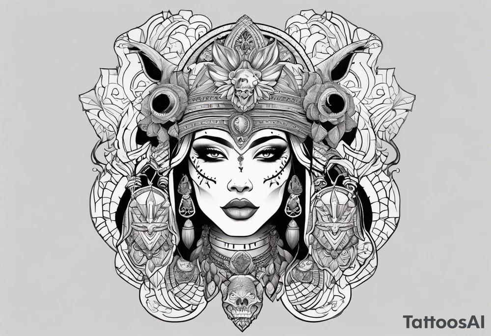 kali ma, alien goddess, valkrye, aries, pirate, divine feminine, zenza resonance, pachamama, lotus azul, blank panther, eagle, skull, 5D, nueva gaya, dna 12 tattoo idea
