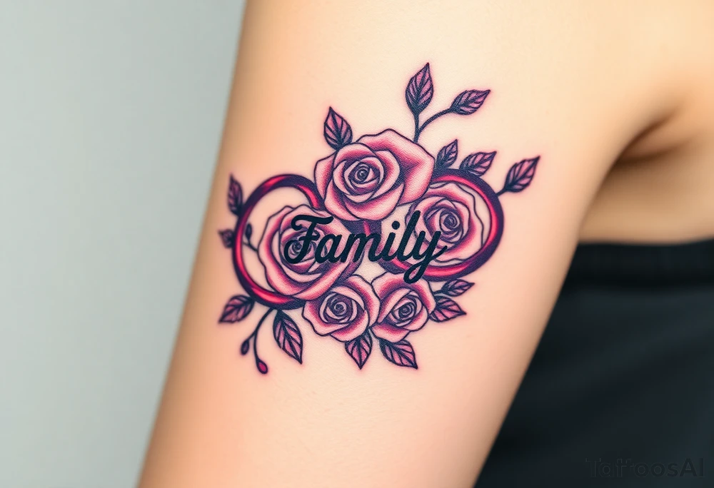 A swirling infinity symbol made of delicate roses, with the word "family" carved into the petals tattoo idea