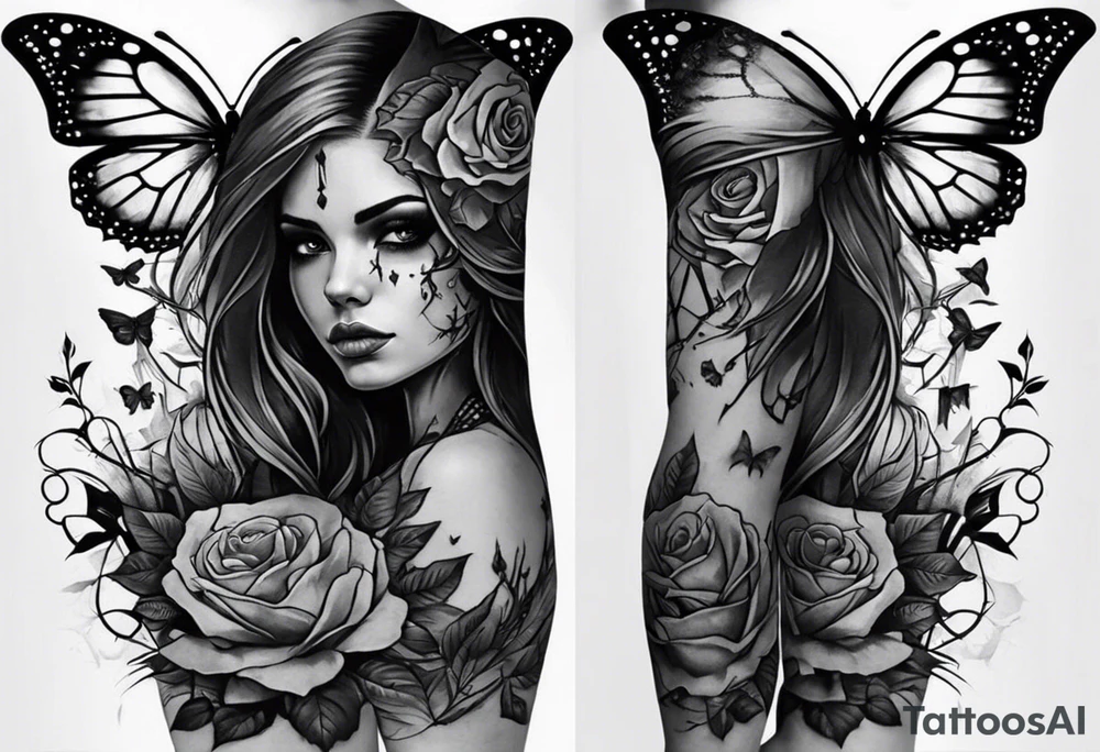 A sleeve tattoo whose elements seem to be connected into one story. Elements on the tattoo: a skull with a rose sticking out of the eye, plants, a girl’s face turning into roots, a destroyed old chain, a broken sword, a butterfly and you can add some connecting elements tattoo idea