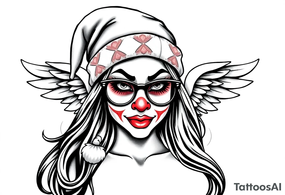 Mexican beautiful long hair Clown Girl thug beanie eyeglasses angel wings tattoo idea