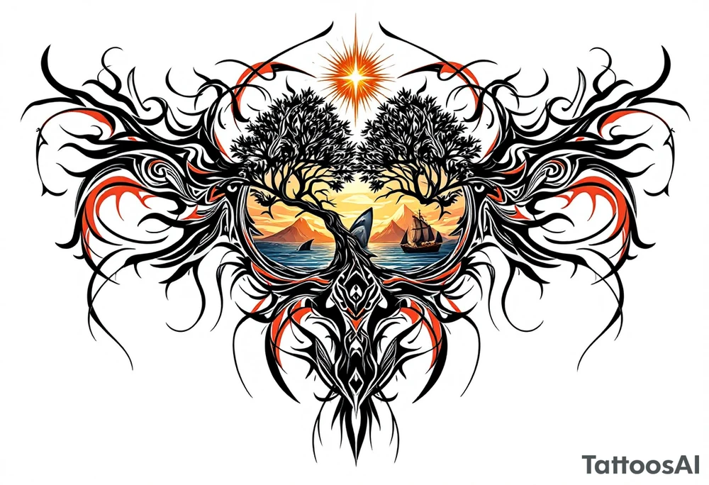 tattoo that has an acacia tree with mountains, ocean with a ship wreck with sharks and the bright northern star tattoo idea