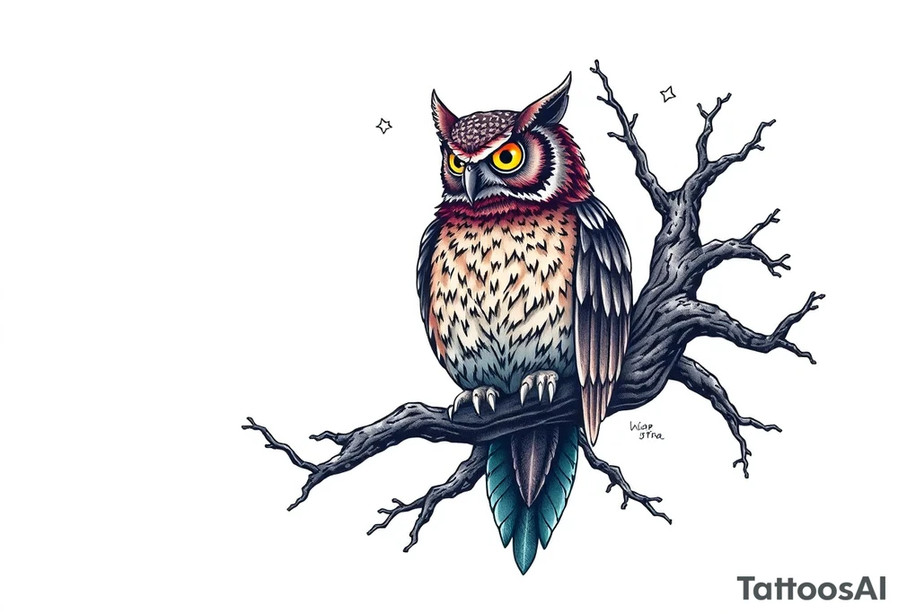 wise owl perched on ancient oak branch under starlit sky tattoo idea