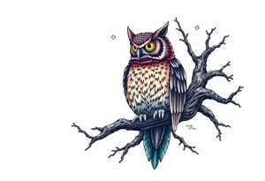 wise owl perched on ancient oak branch under starlit sky tattoo idea