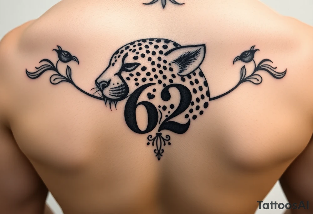 realistic cheetah tattoo with the number 62 tattoo idea