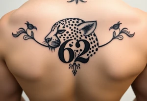 realistic cheetah tattoo with the number 62 tattoo idea