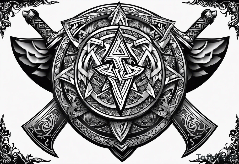 Valhalla sword shield dragon axe Valknut  tribal tattoo idea