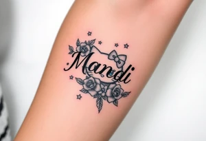 Name Mandi with blue eyes roses and stars hello kitty tattoo idea