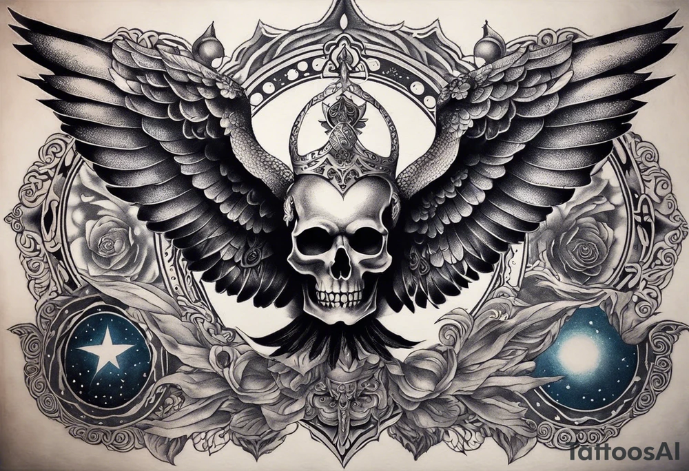 black kali, goddess pirate, alien, angel, pachamama, valkrye, warrior, flying, skull, lotus azul, wing, eagle, zenza resonance, stars, 5D, anahata chakra, death, durga, riding on a tiger, flying lady, kundalini, chest tatoo tattoo idea
