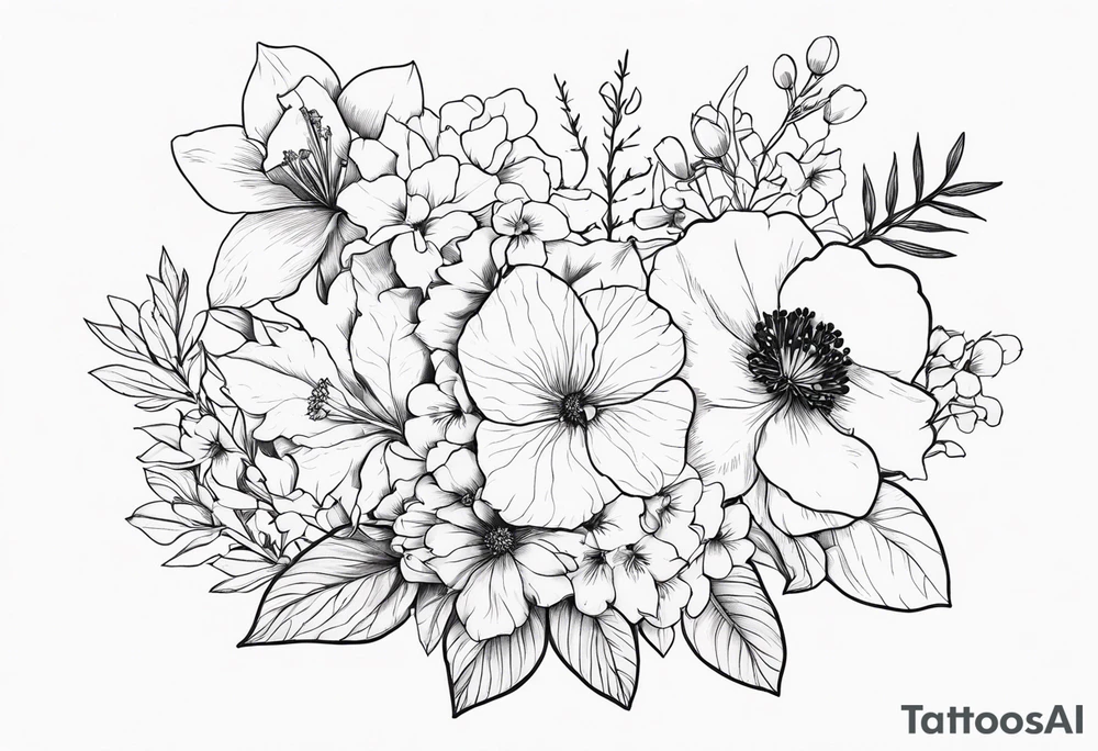 Floral Bouquet with blue hydrangea, Gladiolus, Poppy, Daisy, Sweet Pea, Narcissus, Poinsettia, and Holly tattoo idea