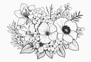 Floral Bouquet with blue hydrangea, Gladiolus, Poppy, Daisy, Sweet Pea, Narcissus, Poinsettia, and Holly tattoo idea