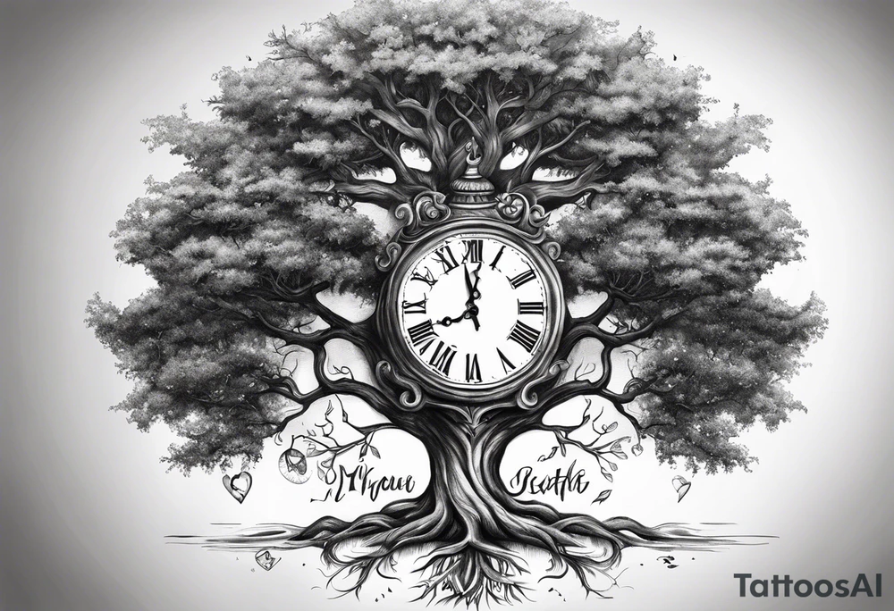 Masculine tree with clock and birthdates in roots tattoo idea