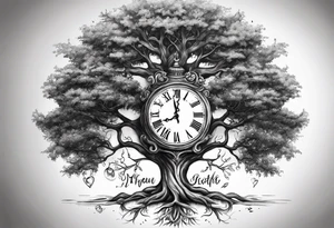 Masculine tree with clock and birthdates in roots tattoo idea