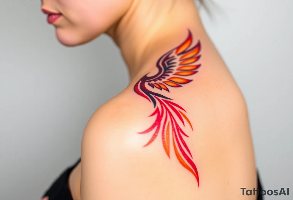 Phoenix rising from the ashes with the colors red, pink, orange and purple. Size 3 cm wide and 5 cm high tattoo idea