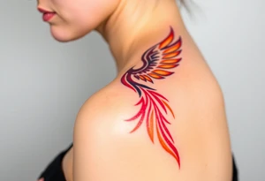 Phoenix rising from the ashes with the colors red, pink, orange and purple. Size 3 cm wide and 5 cm high tattoo idea