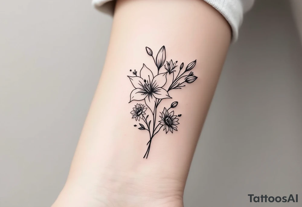Stargazer lillies with small sunflowers and tulip buds in a dainty wildflower bouquet with stems tattoo idea