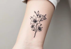 Stargazer lillies with small sunflowers and tulip buds in a dainty wildflower bouquet with stems tattoo idea