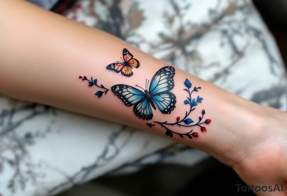 Colorful butterflies and vines tattoo idea