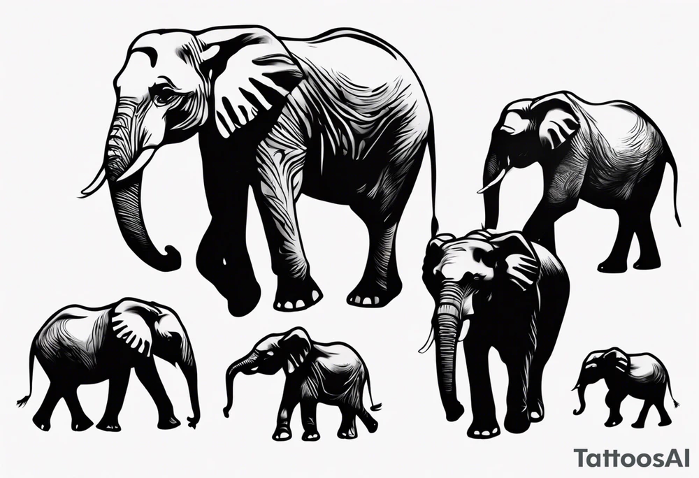 family of 6 elephants walking into sunset tattoo idea