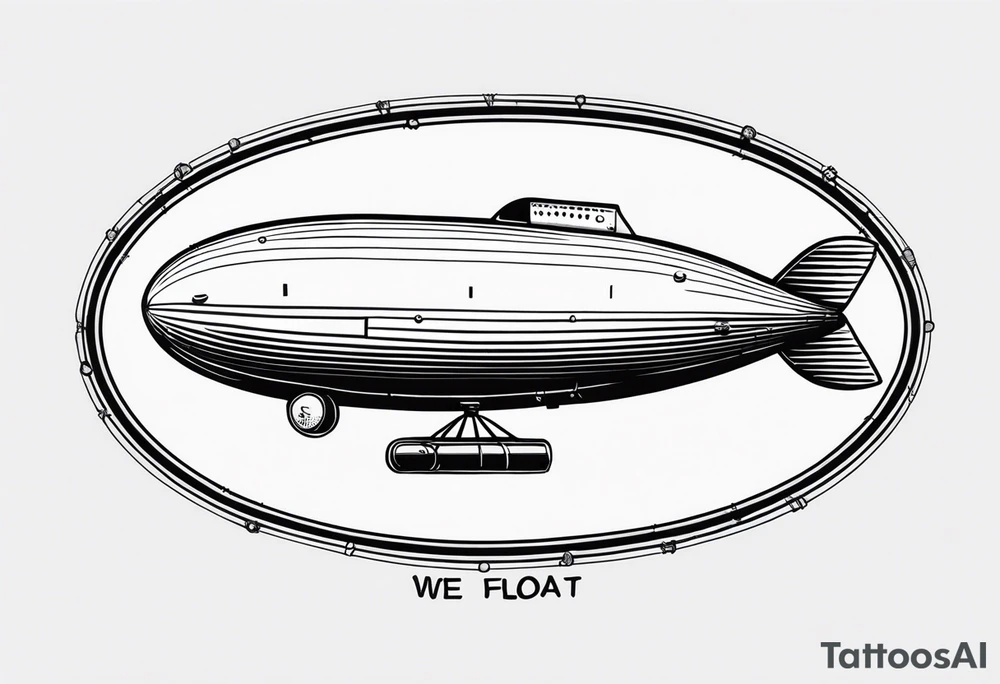 blimp that say "We All Float" going across it with Jason , Michael Myers, penny wise the clown, Chuck and hellraiser face engraved in the blimp tattoo idea