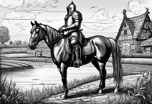 a knight kneeling with an old farm in the background and horses in the netherlands and a swimmingpool tattoo idea