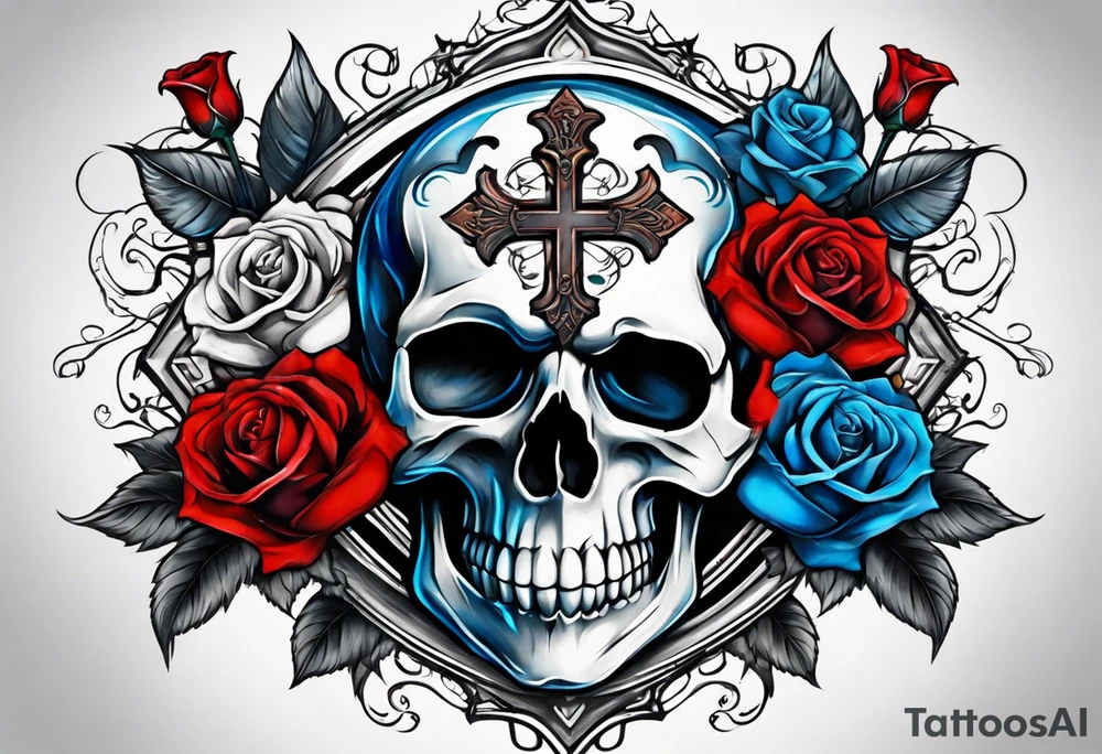Cross with skulls and Colored blue and red roses tattoo idea
