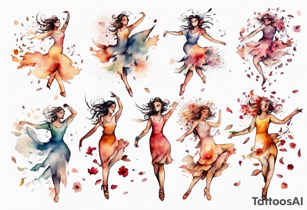 Very feminine woman dancing in a wind of flower petals tattoo idea
