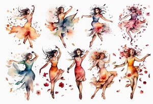Very feminine woman dancing in a wind of flower petals tattoo idea