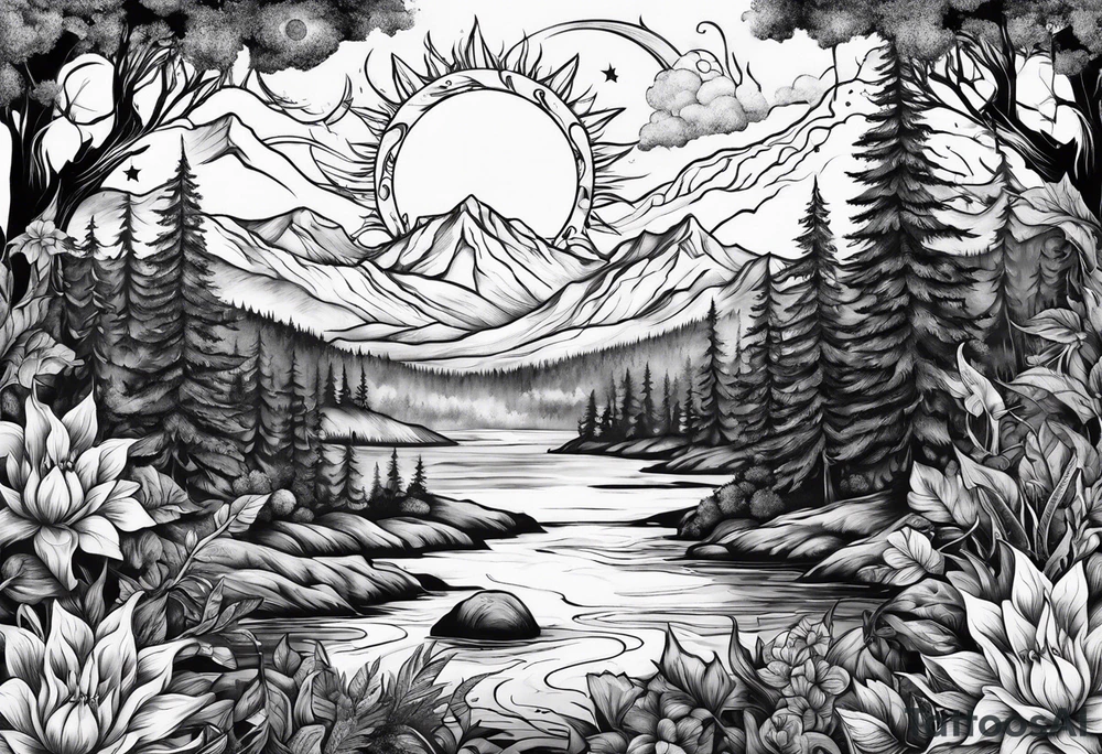 Sun and moon and fire forrest tattoo idea