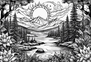 Sun and moon and fire forrest tattoo idea