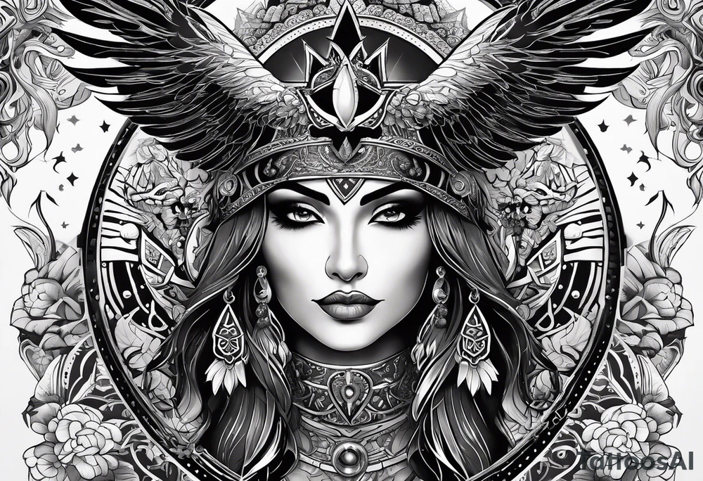 black kali, goddess pirate, pachamama, valkrye, warrior, skull, lotus azul, wing, eagle, zenza resonance, stars, one side chest tattoo idea